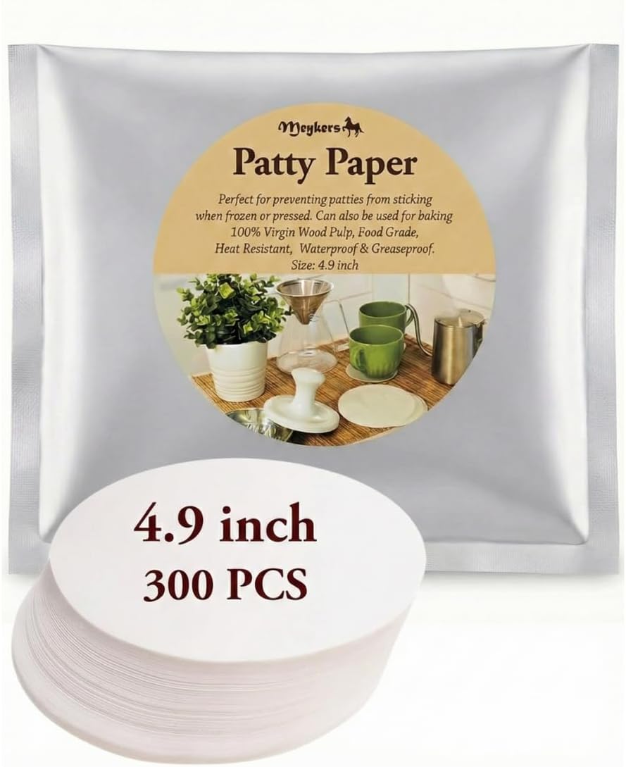 Meykers Patty Paper Food Grade Round 5 Inch 300 Pack being placed on a wooden kitchen countertop